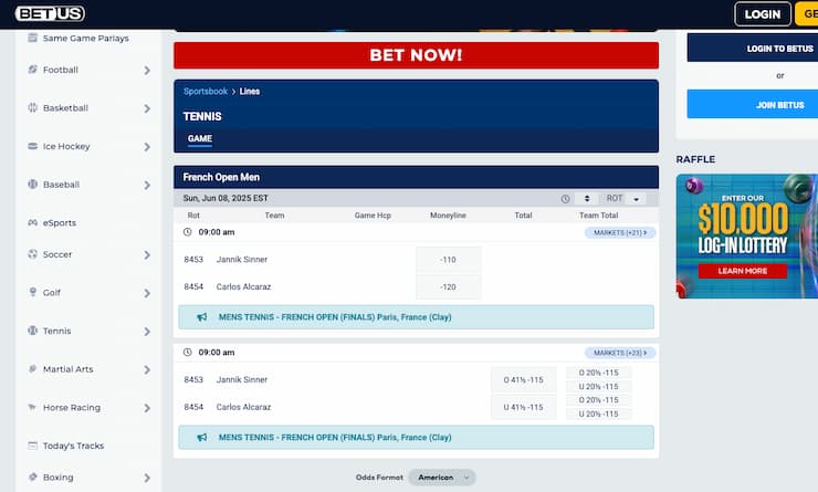 Tennis betting odds at BetUS, a popular online sportsbook.